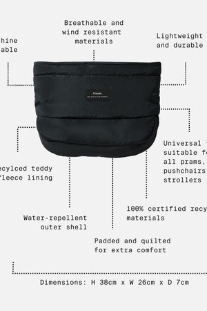 Agnar Eco stroller mitten in black, feature call-outs: machine washable, water-repellent, fleece lined, 38cm high