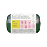 Washbag with products labeled 'Comfort, Calm and Recovery' on a white background