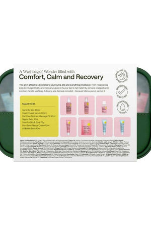 Washbag with products labeled 'Comfort, Calm and Recovery' on a white background