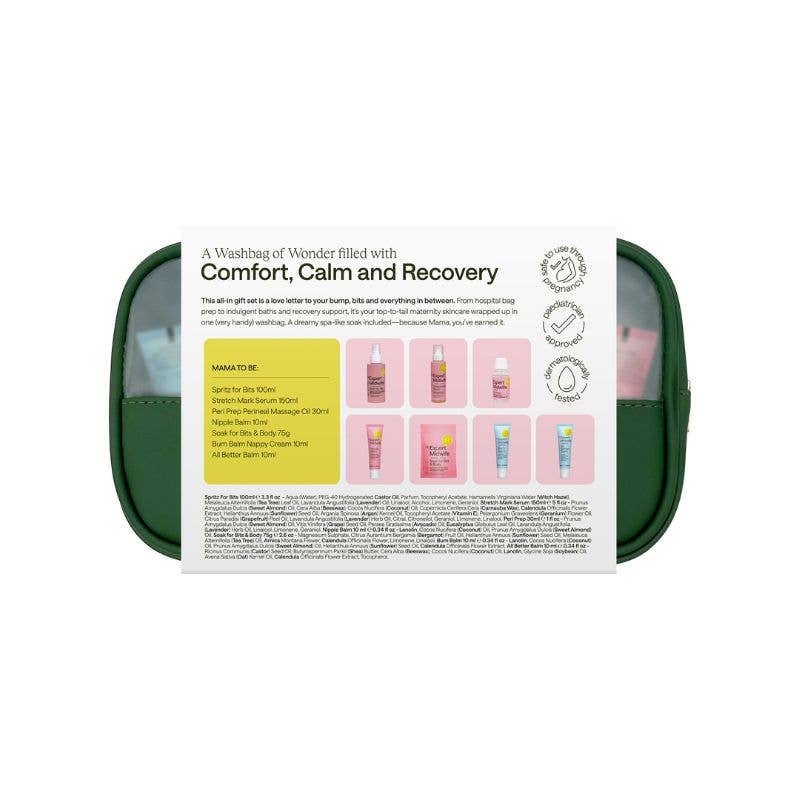 Washbag with products labeled 'Comfort, Calm and Recovery' on a white background