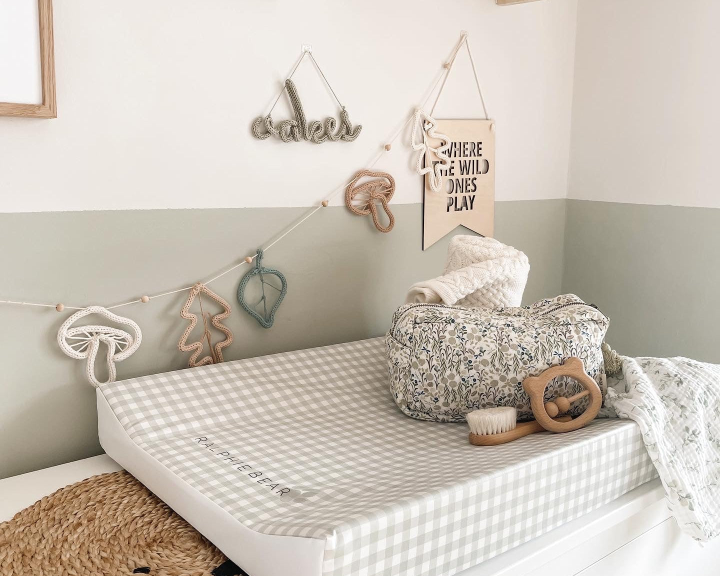 Ralphie Bear Gingham Sage Green Anti Roll Wedge Baby Changing Mat 6