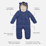 Anders Eco Snowsuit Navy with feature call-outs: lightweight, machine washable, wind and water resistant, padded