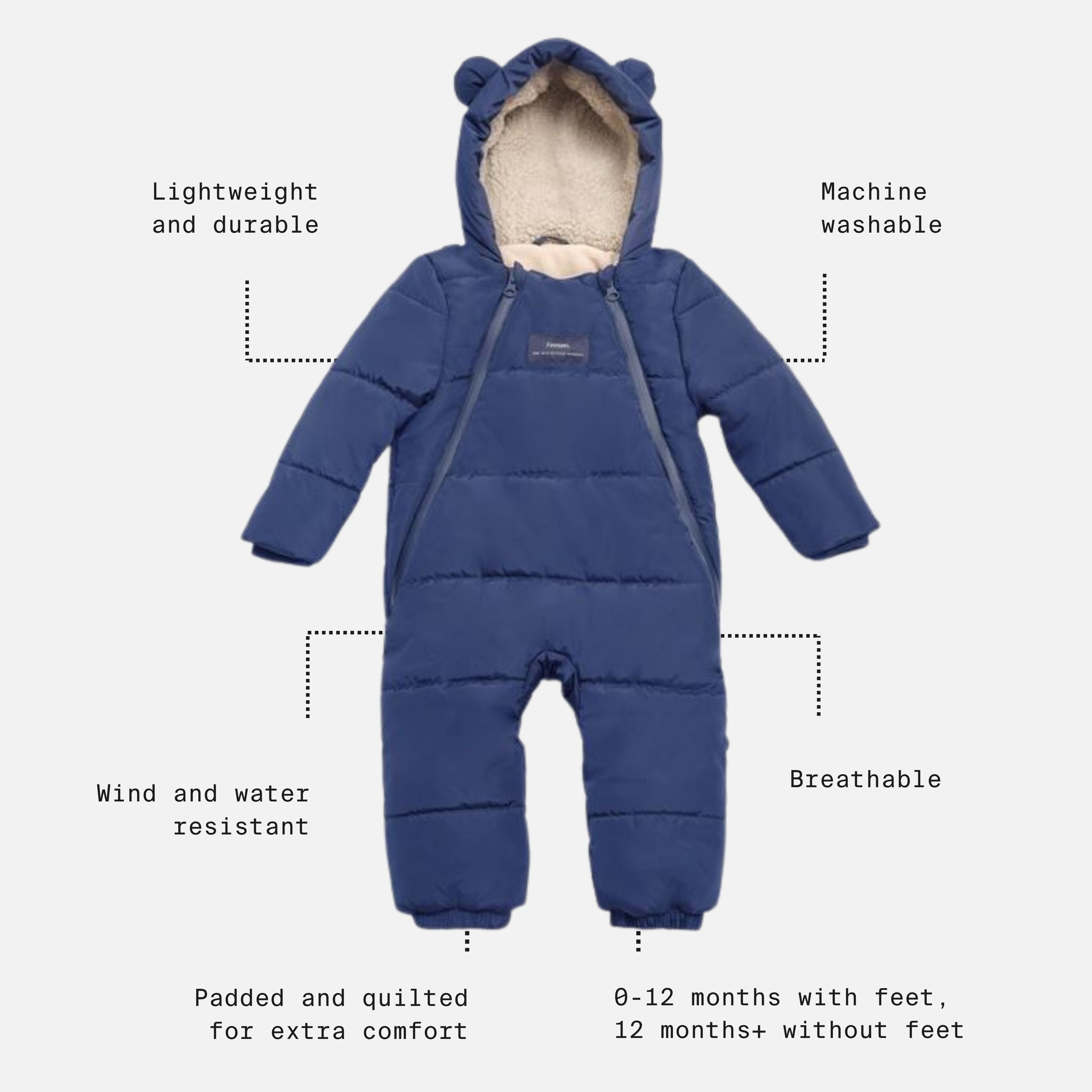 Anders Eco Snowsuit Navy with feature call-outs: lightweight, machine washable, wind and water resistant, padded