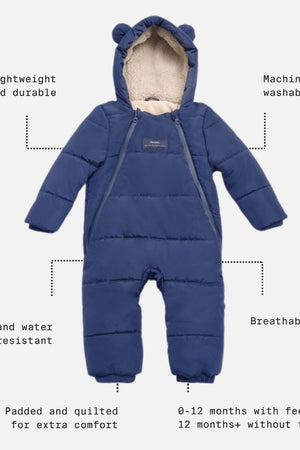 Anders Eco Snowsuit Navy with feature call-outs: lightweight, machine washable, wind and water resistant, padded