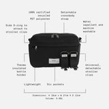 Frida Eco Stroller Organiser Black feature call-outs: six pockets, bottle holder, detachable strap, 5.6L