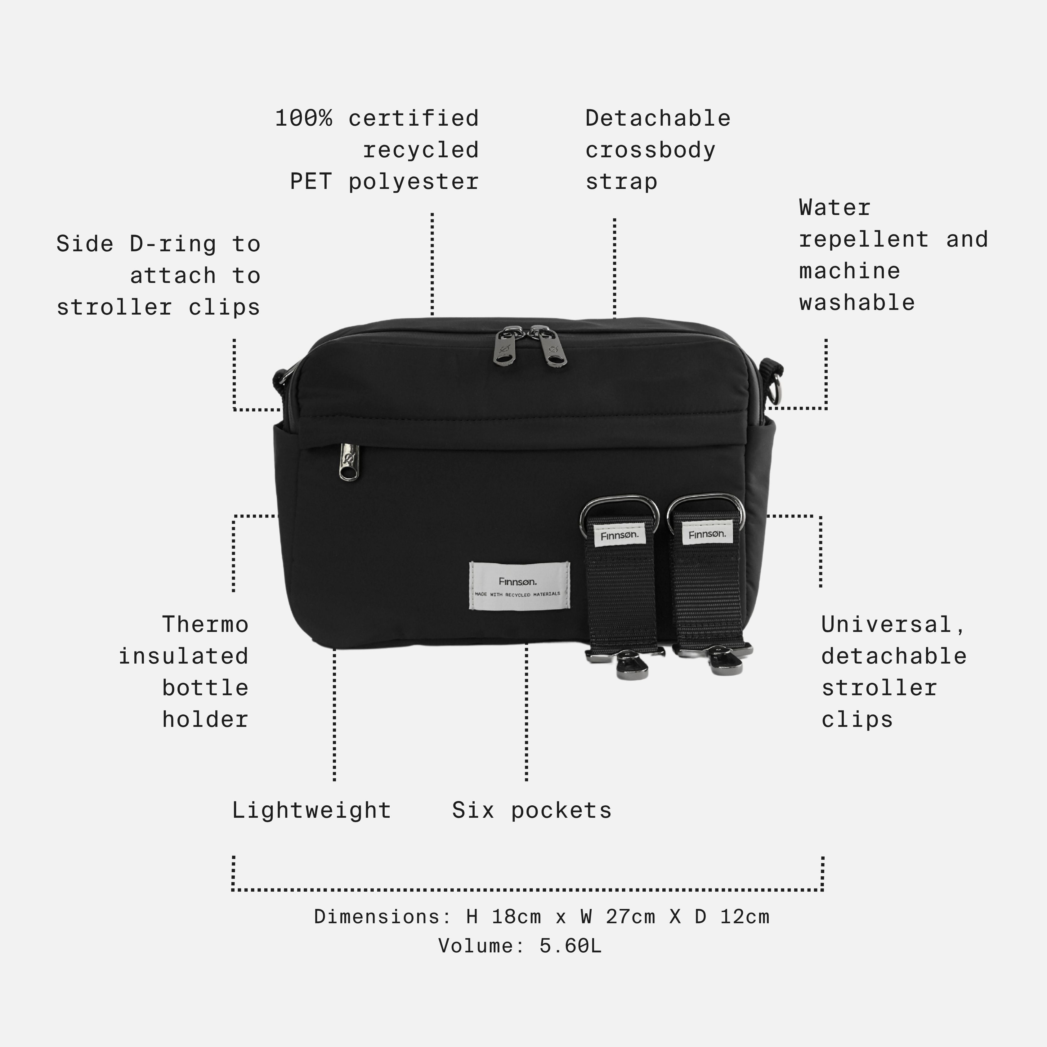 Frida Eco Stroller Organiser Black feature call-outs: six pockets, bottle holder, detachable strap, 5.6L