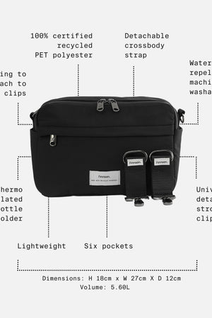 Frida Eco Stroller Organiser Black feature call-outs: six pockets, bottle holder, detachable strap, 5.6L