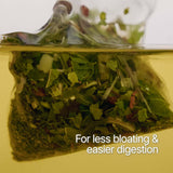 A clear tea bag filled with green tea leaves and herbs, partially submerged in yellow liquid with white text reading 'For less bloating & easier digestion'.