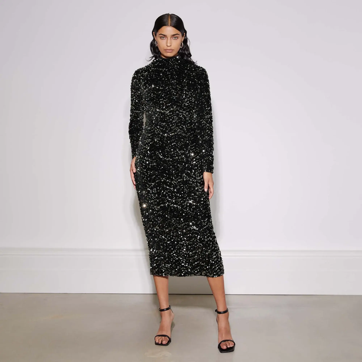 chinese dress ladies Velvet Sequin Funnel Neck Dress – For The Creators