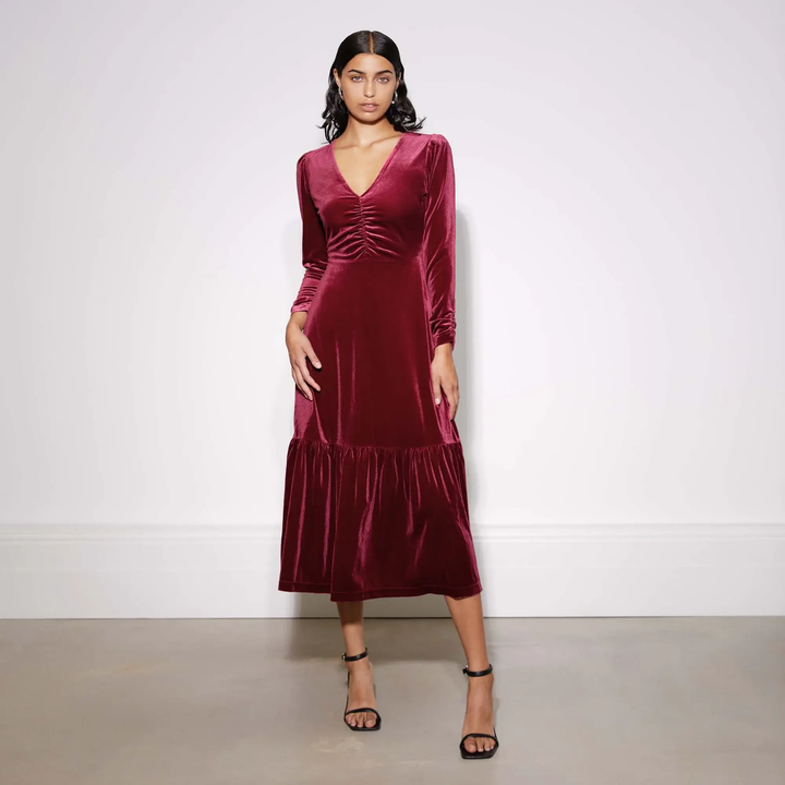knee length dresses for ladies Velvet V Neck Midi Dress – For The Creators