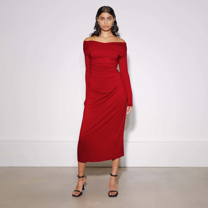 red ruched off the shoulder dress Red Ruched Off-Shoulder Dress – For The Creators