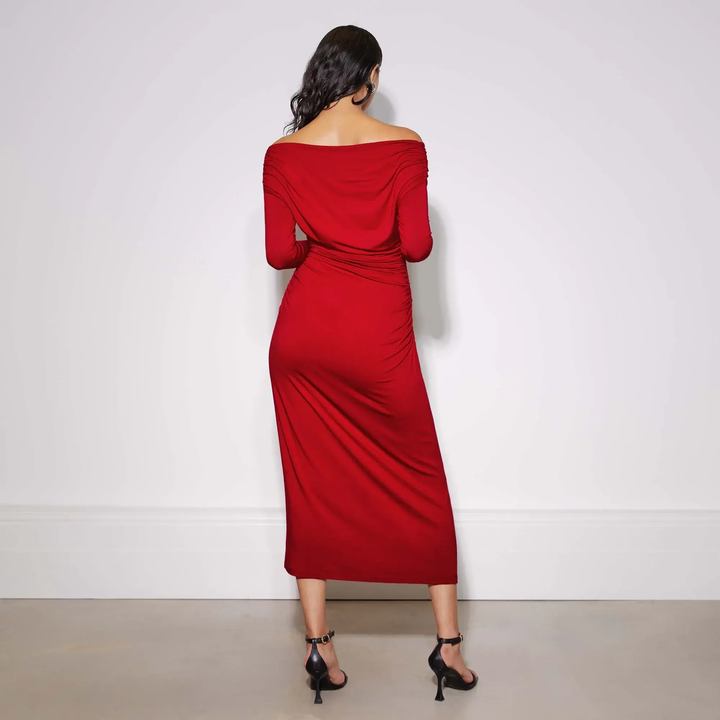 red ruched off the shoulder dress Ruched & Ready - Bodycon Maxi Dress - Women - Polyester/Spandex - S