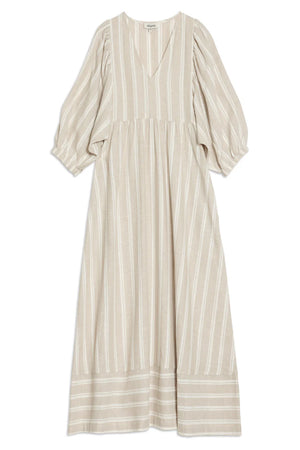 Beige and white striped dress on a white background