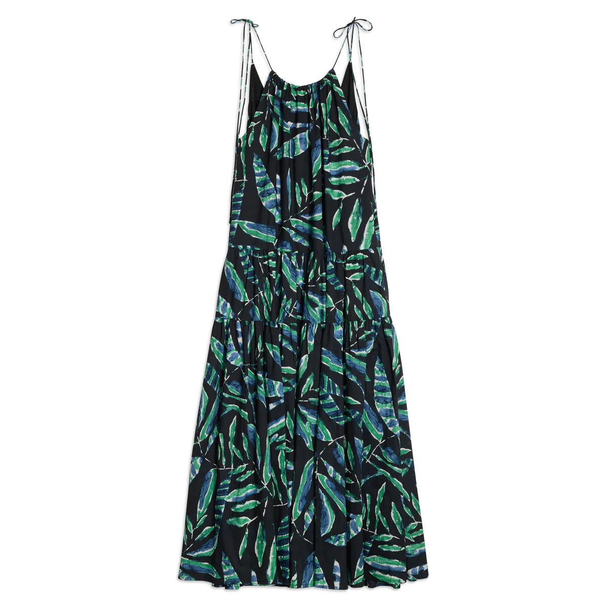 Long dress with green leaf pattern on a white background