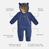 Anders Eco Snowsuit in navy with feature call-outs: lightweight, machine washable, wind and water resistant, breathable