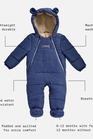 Anders Eco Snowsuit in navy with feature call-outs: lightweight, machine washable, wind and water resistant, breathable