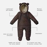 ANDERS Eco Snowsuit Chocolate Leopard feature call-outs: lightweight, machine washable, wind and water resistant, breathable