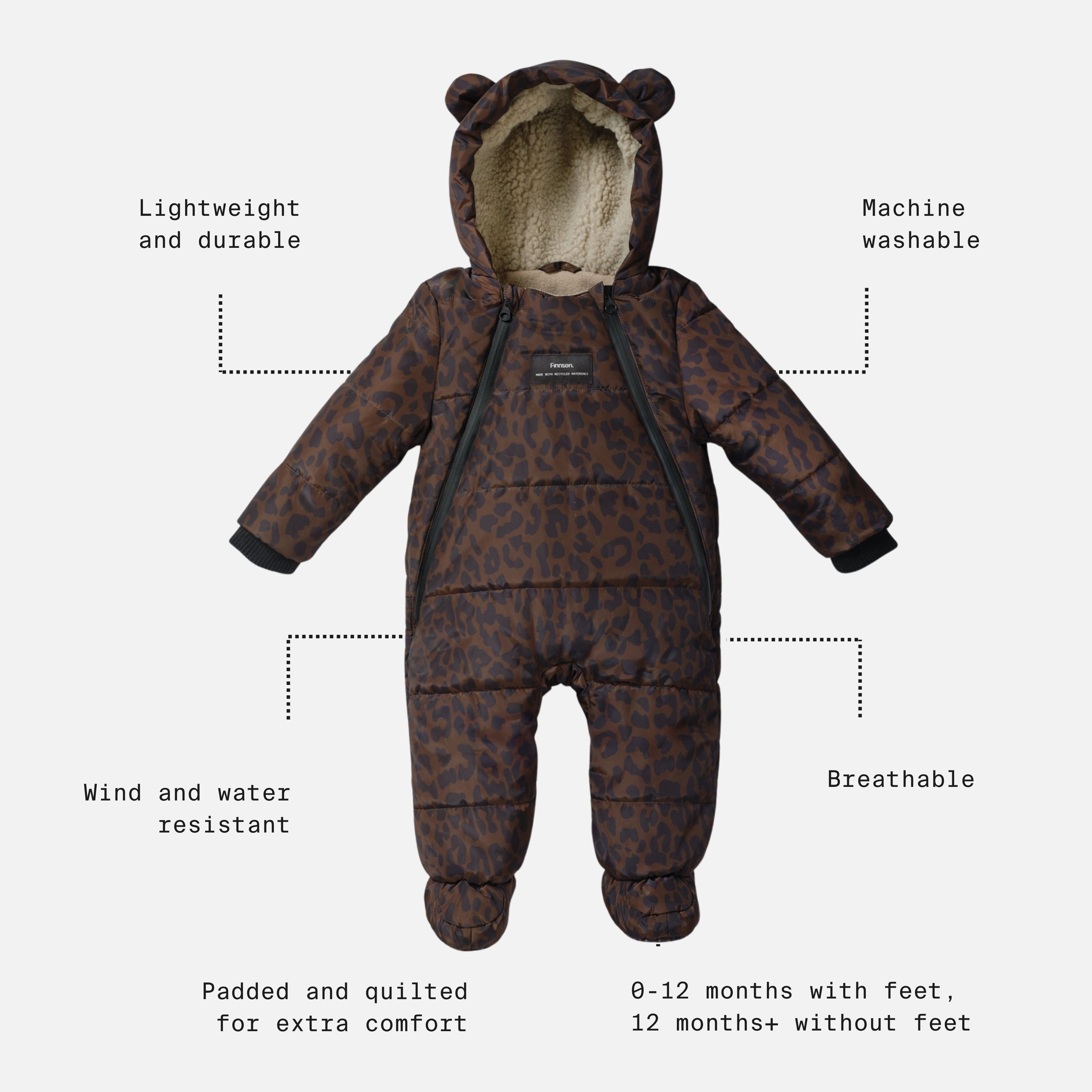 ANDERS Eco Snowsuit Chocolate Leopard feature call-outs: lightweight, machine washable, wind and water resistant, breathable