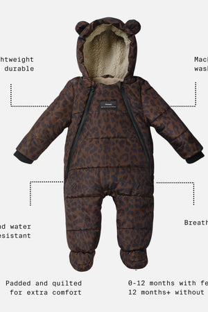 ANDERS Eco Snowsuit Chocolate Leopard feature call-outs: lightweight, machine washable, wind and water resistant, breathable