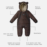 ANDERS Eco Snowsuit Chocolate Leopard feature call-outs: lightweight, machine washable, breathable, wind and water resistant