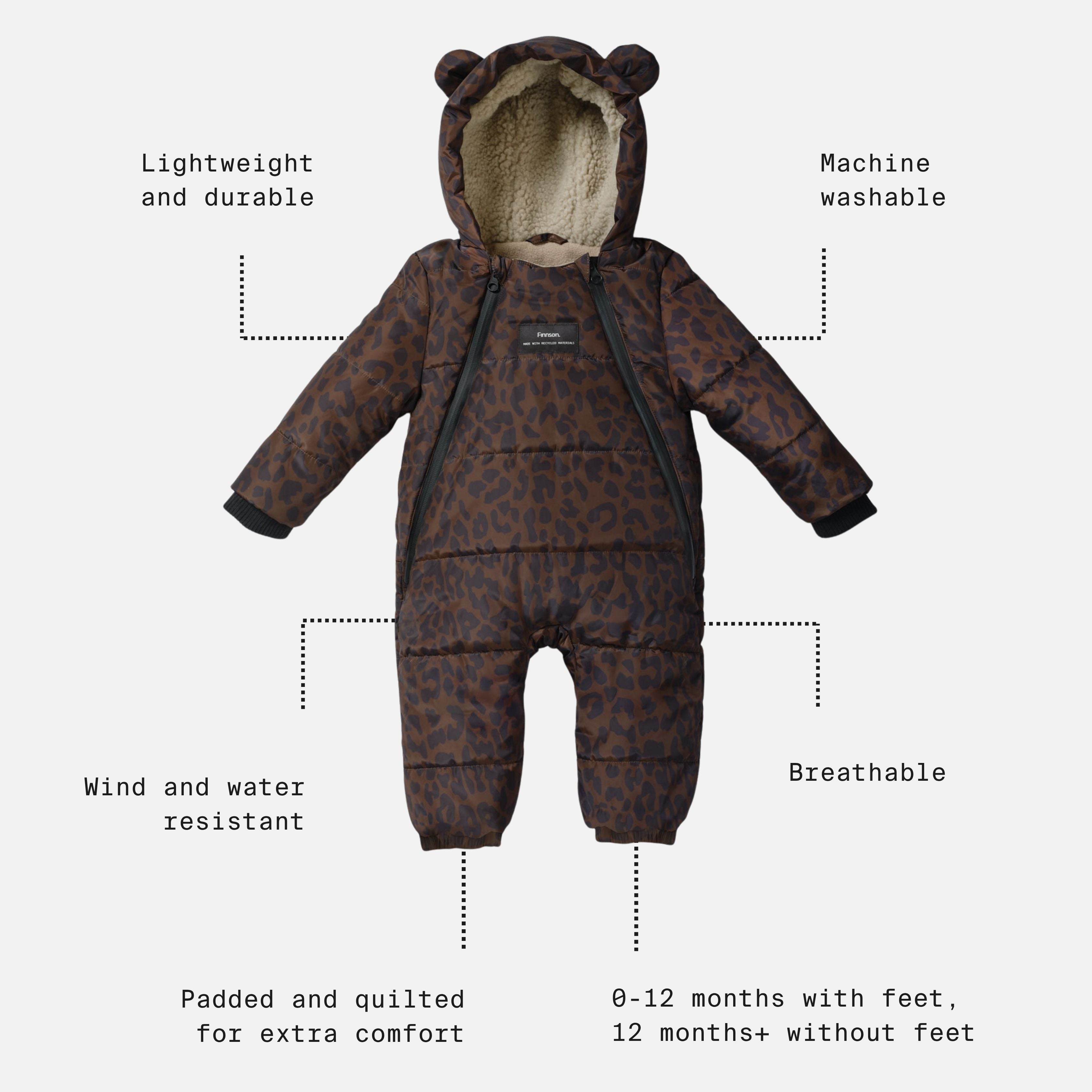 ANDERS Eco Snowsuit Chocolate Leopard feature call-outs: lightweight, machine washable, breathable, wind and water resistant