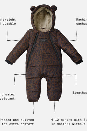 ANDERS Eco Snowsuit Chocolate Leopard feature call-outs: lightweight, machine washable, breathable, wind and water resistant