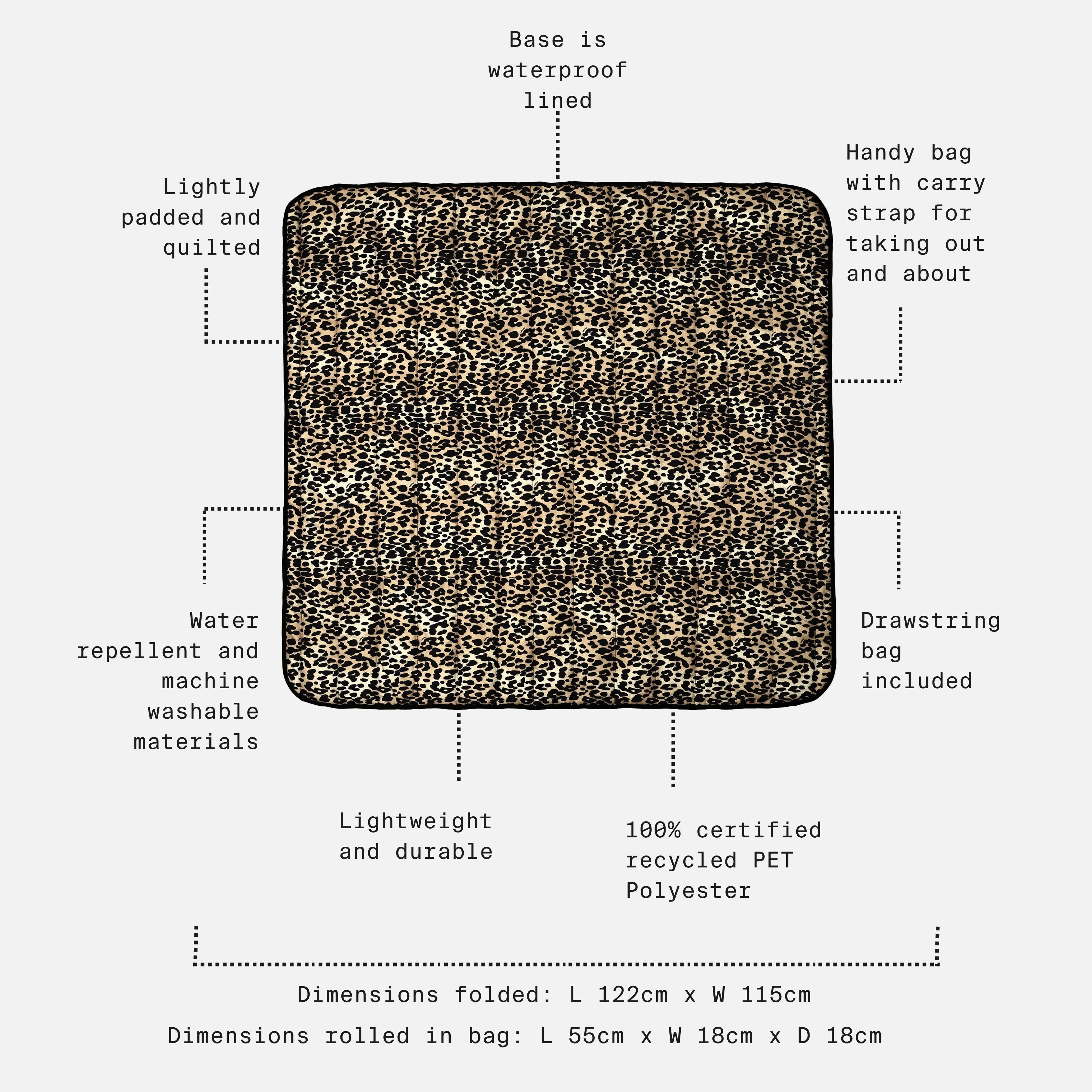 Thoren Eco Playmat in Leopard feature call-outs: waterproof base, padded, washable, bag included, folded 122 x 115cm