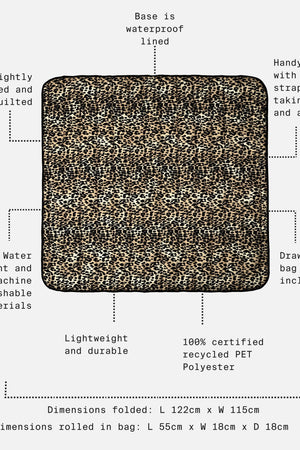 Thoren Eco Playmat in Leopard feature call-outs: waterproof base, padded, washable, bag included, folded 122 x 115cm