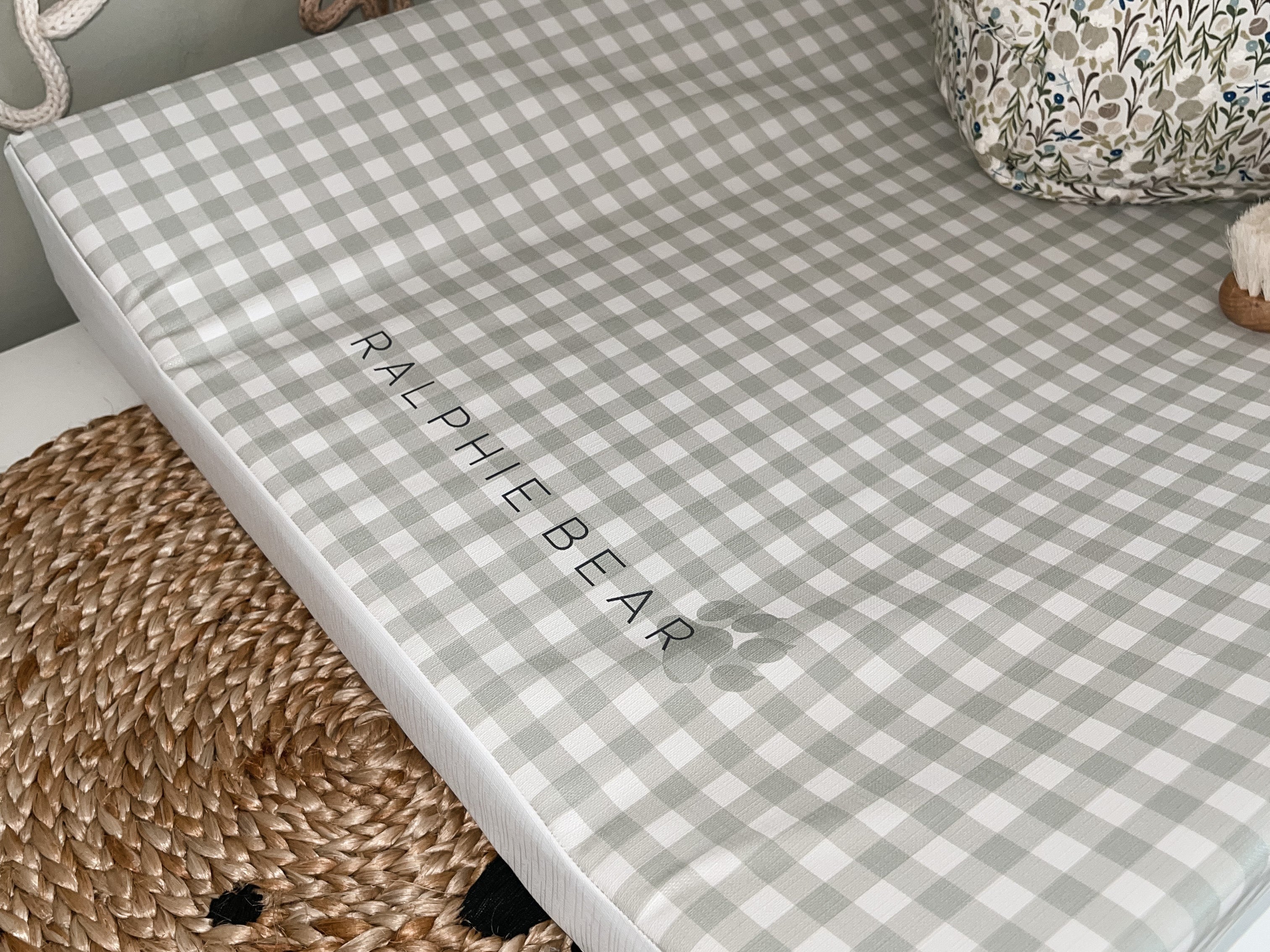 Ralphie Bear Gingham Sage Green Anti Roll Wedge Baby Changing Mat 4