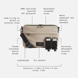 Frida Eco Stroller Organiser Taupe feature call-outs: six pockets, bottle holder, stroller clips, 5.60L