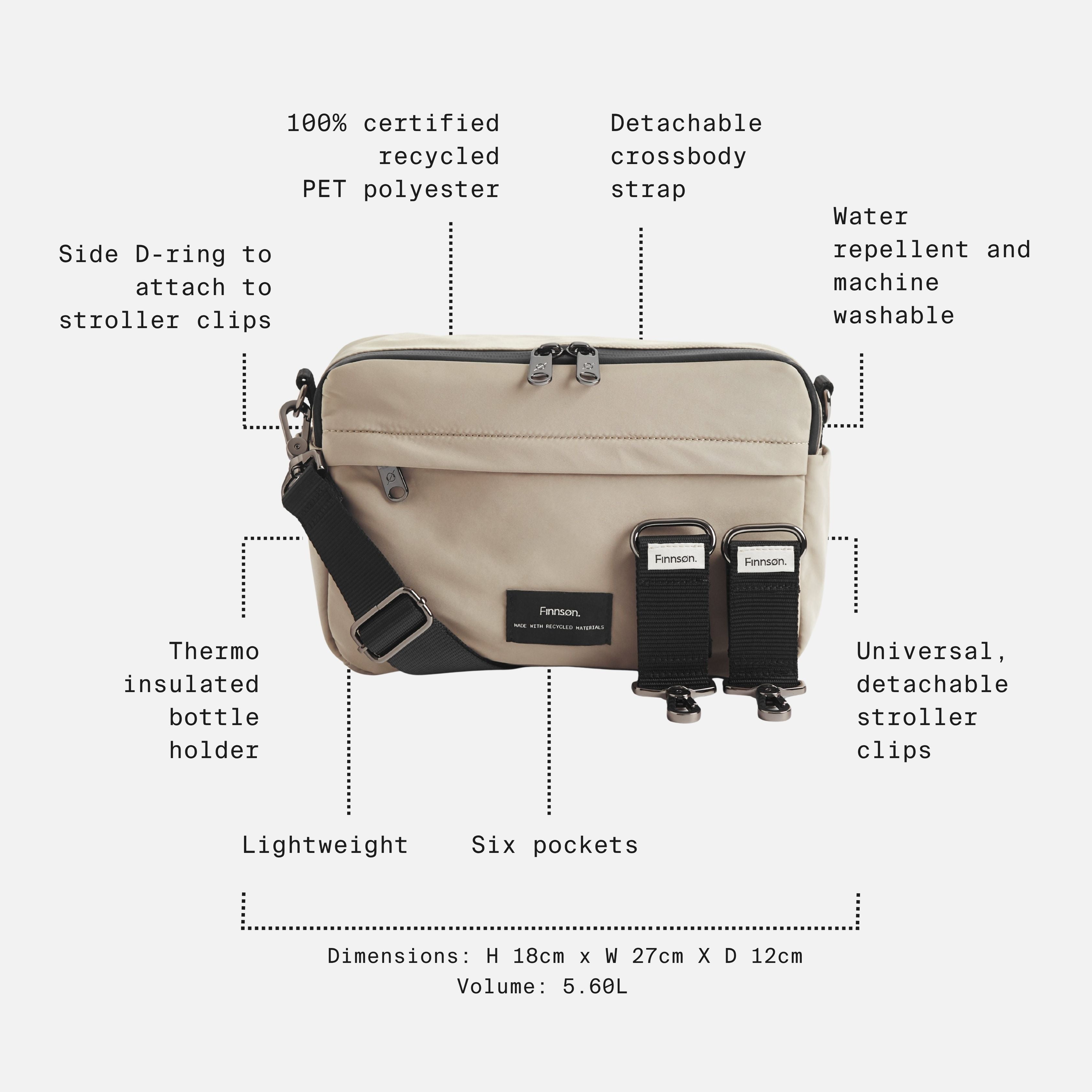 Frida Eco Stroller Organiser Taupe feature call-outs: six pockets, bottle holder, stroller clips, 5.60L