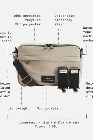 Frida Eco Stroller Organiser Taupe feature call-outs: six pockets, bottle holder, stroller clips, 5.60L