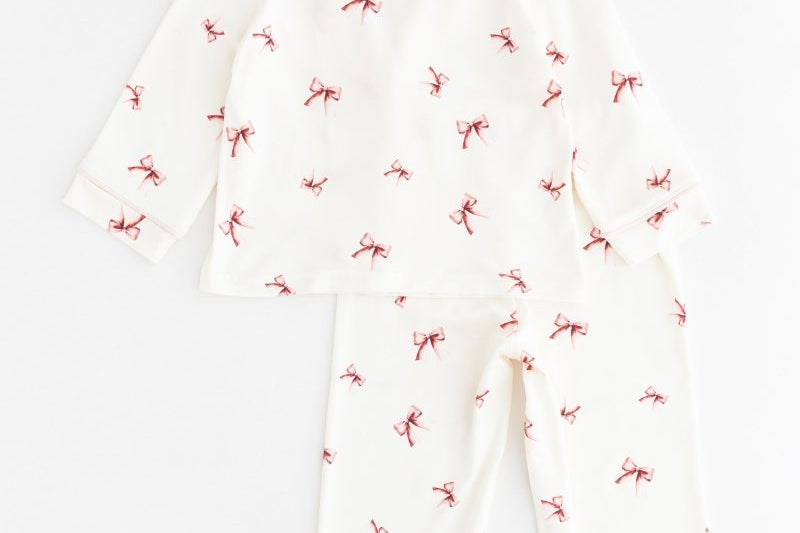 Mini Cozy Rosy Ribbon Pyjamas Set with pink bow print on cream, by Cozy Crew Club – image 8