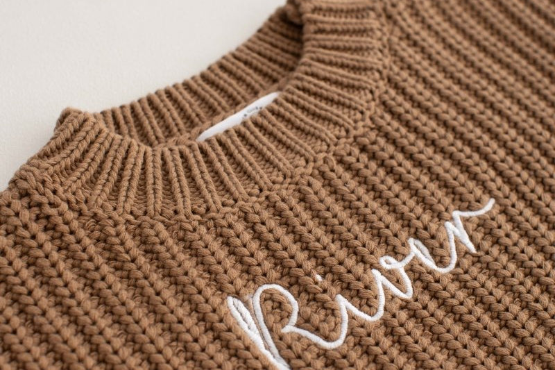 Personalised Cozy Chunky Knit Sweater in toffee cotton by Cozy Crew Club