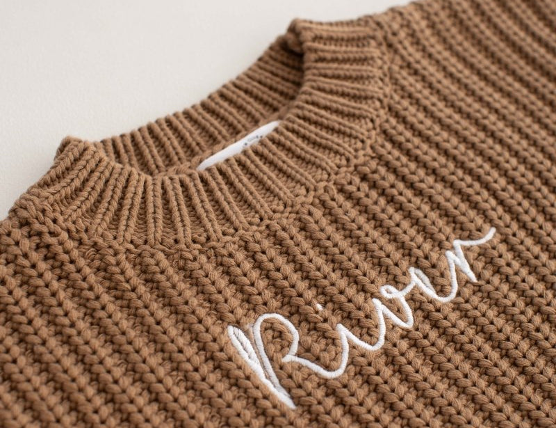 Personalised Cozy Chunky Knit Sweater in toffee cotton by Cozy Crew Club