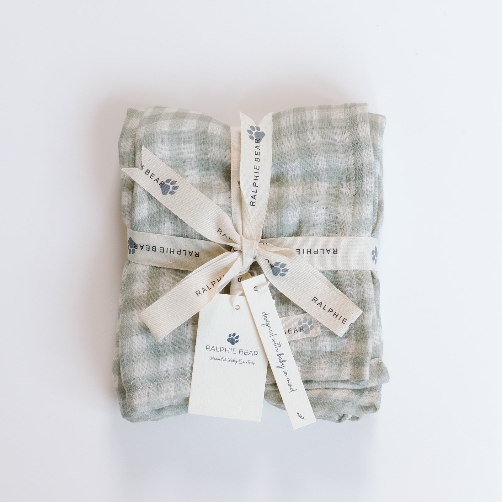Ralphie Bear Gingham Sage Large Swaddle Muslin 1