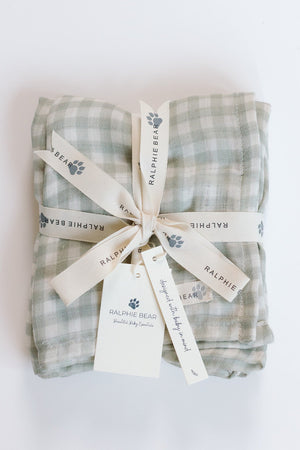 Ralphie Bear Gingham Sage Large Swaddle Muslin 1