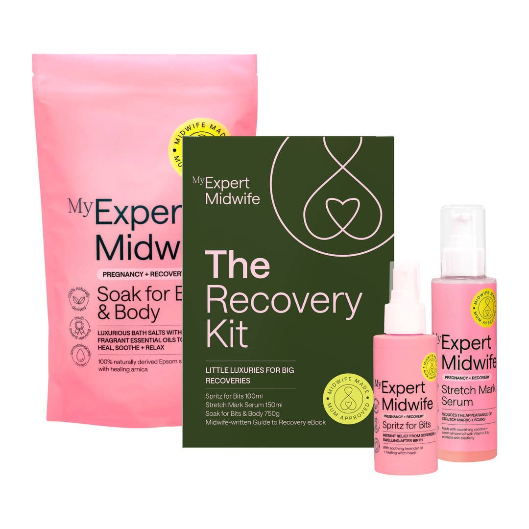 My Expert Midwife recovery kit with pink packaging and green box on a white background