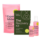 My Expert Midwife recovery kit with pink packaging and green box on a white background