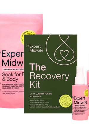 My Expert Midwife recovery kit with pink packaging and green box on a white background