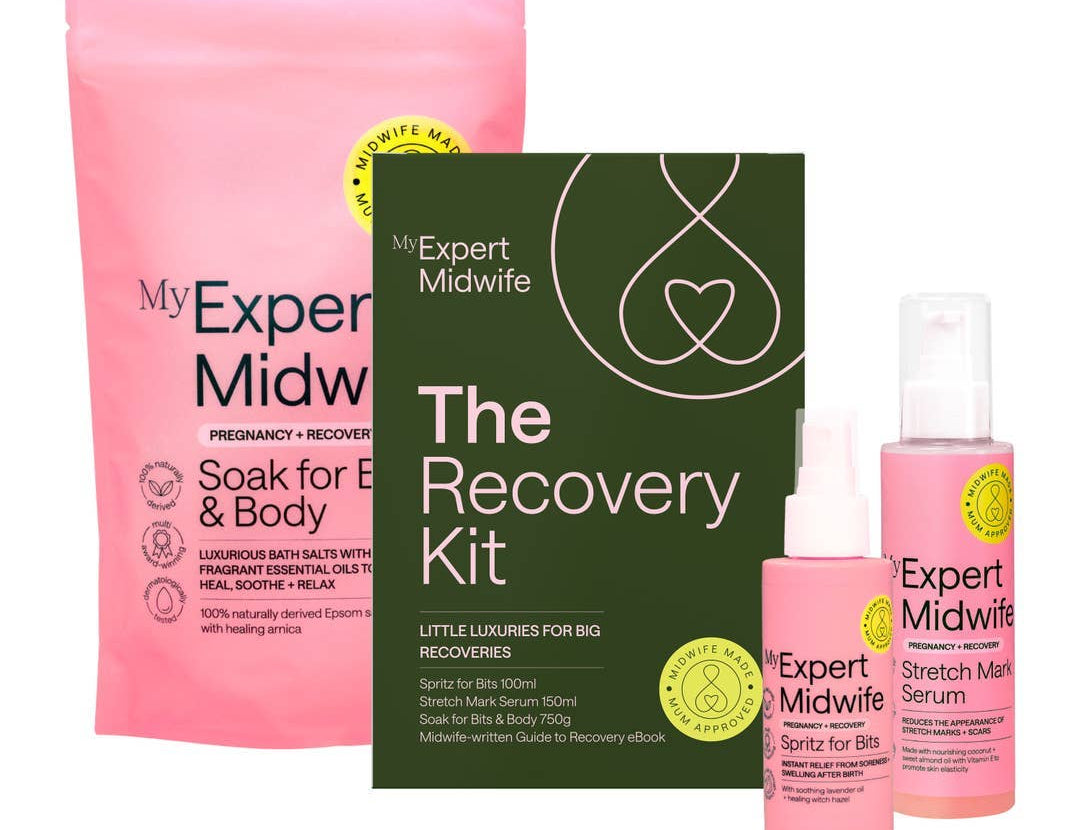 My Expert Midwife recovery kit with pink packaging and green box on a white background