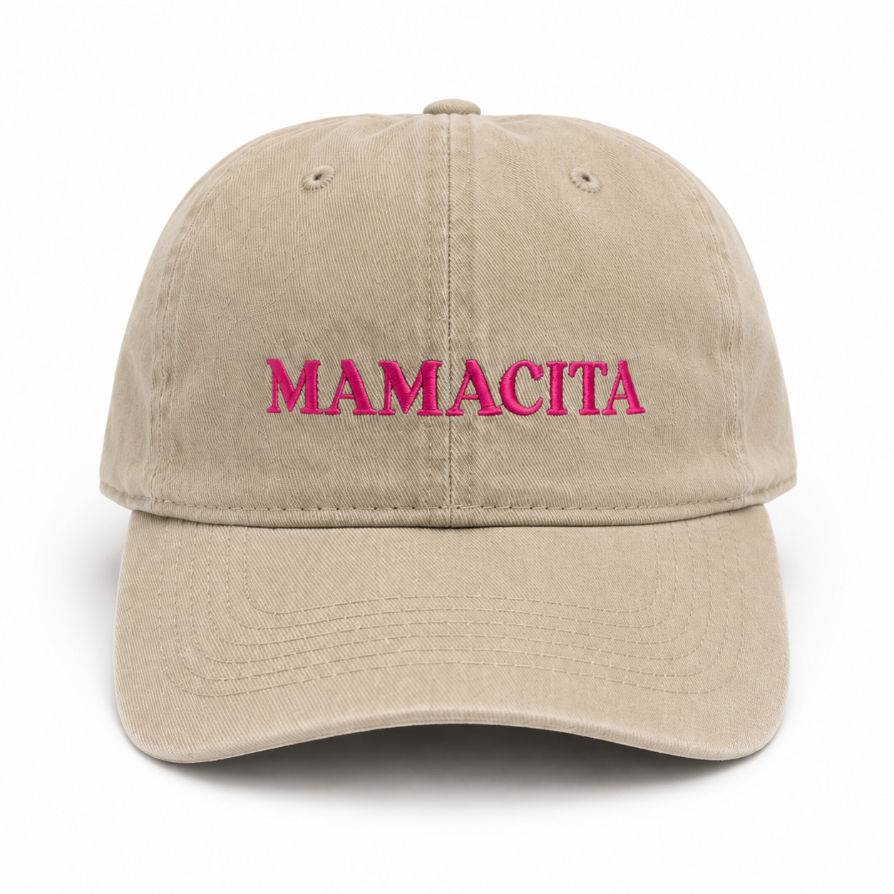 Beige cap with 'MAMACITA' in pink on a white background
