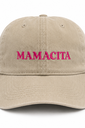 Beige cap with 'MAMACITA' in pink on a white background