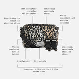 Frida Eco Stroller Organiser Leopard feature call-outs: six pockets, bottle holder, stroller clips, 18 x 27 x 12cm, 5.6L