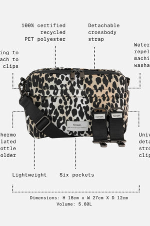 Frida Eco Stroller Organiser Leopard feature call-outs: six pockets, bottle holder, stroller clips, 18 x 27 x 12cm, 5.6L
