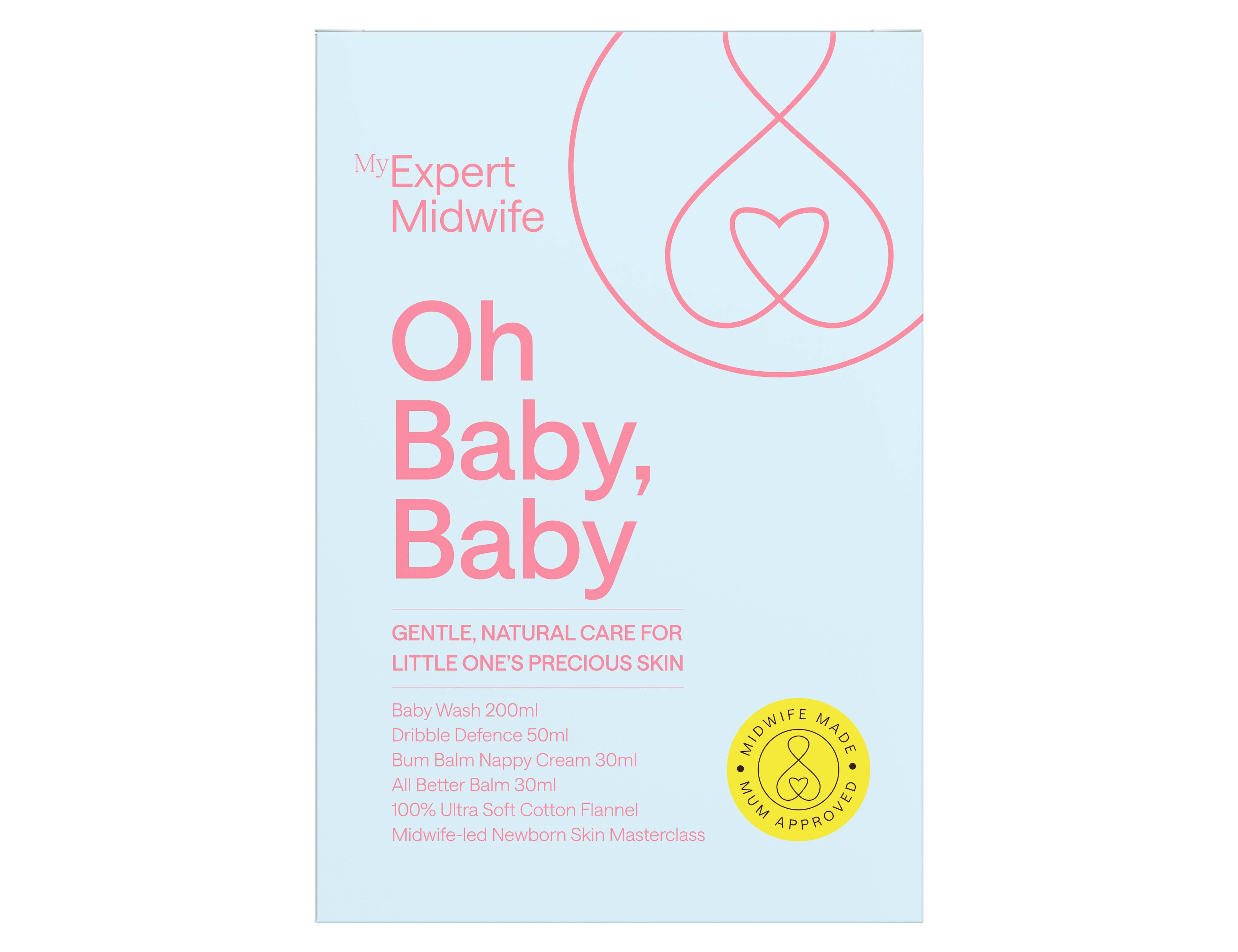 Product packaging for 'Oh Baby, Baby' by My Expert Midwife on a light blue background