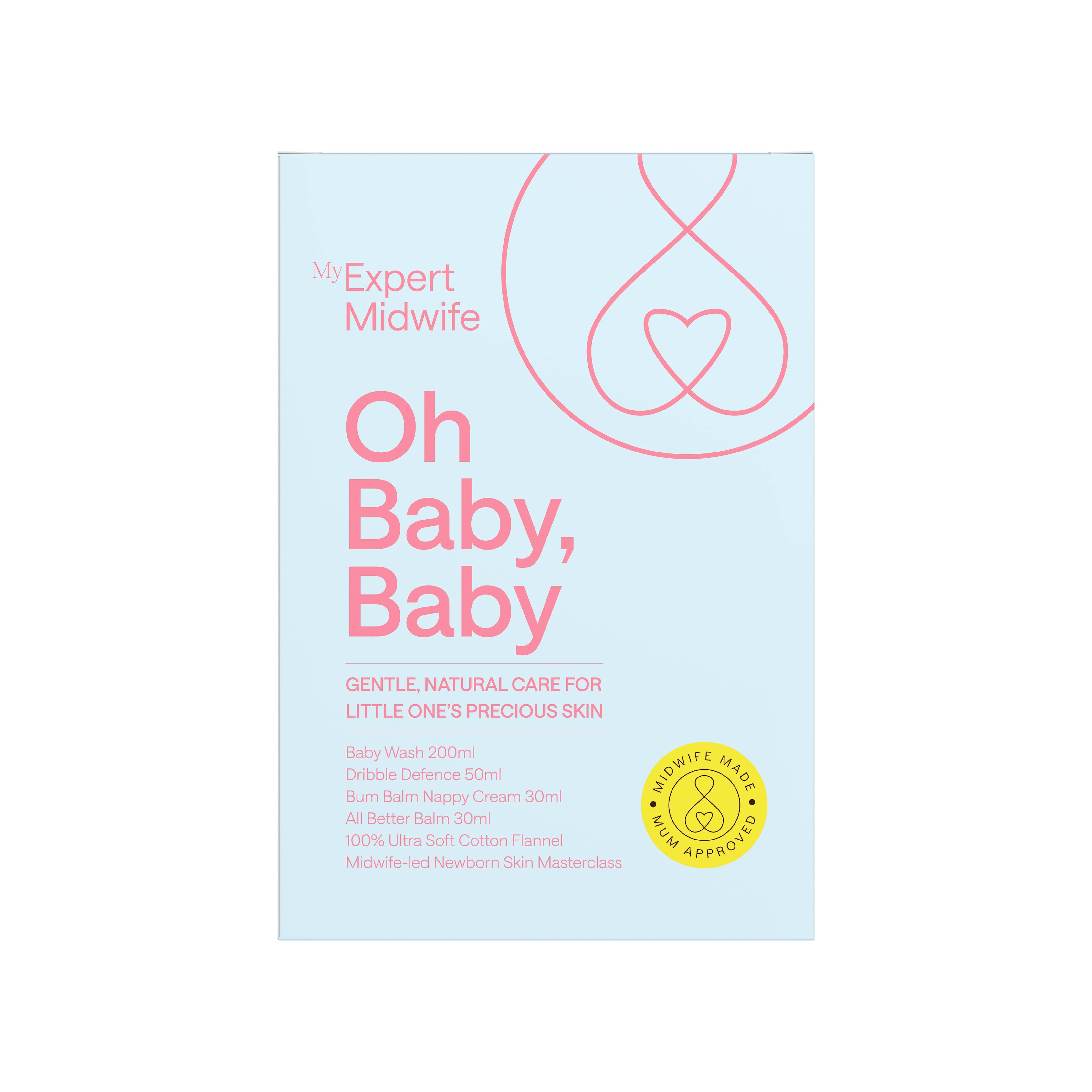 Product packaging for 'Oh Baby, Baby' by My Expert Midwife on a light blue background