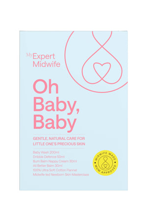 Product packaging for 'Oh Baby, Baby' by My Expert Midwife on a light blue background