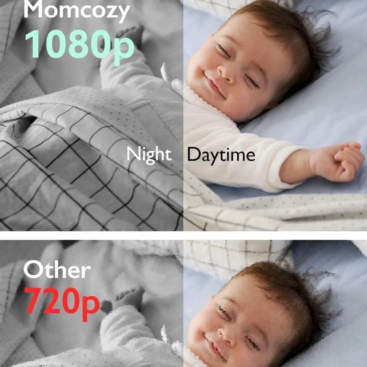 Comparison of Momcozy 1080p and other 720p video quality on a baby sleeping under a blanket.