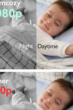 Comparison of Momcozy 1080p and other 720p video quality on a baby sleeping under a blanket.
